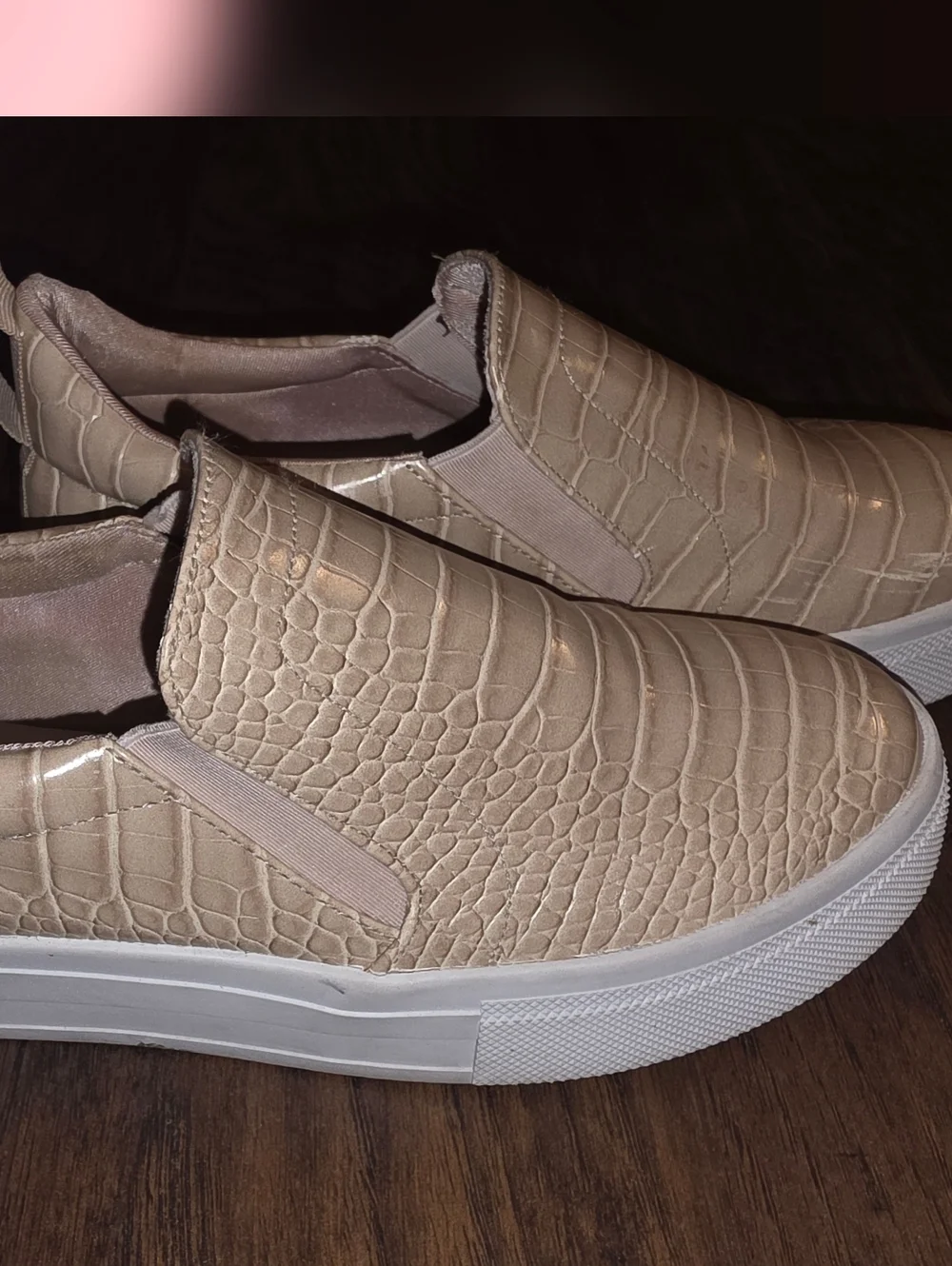 Lulu's Croc-Embossed Slip-On Platform Sneakers in Beige